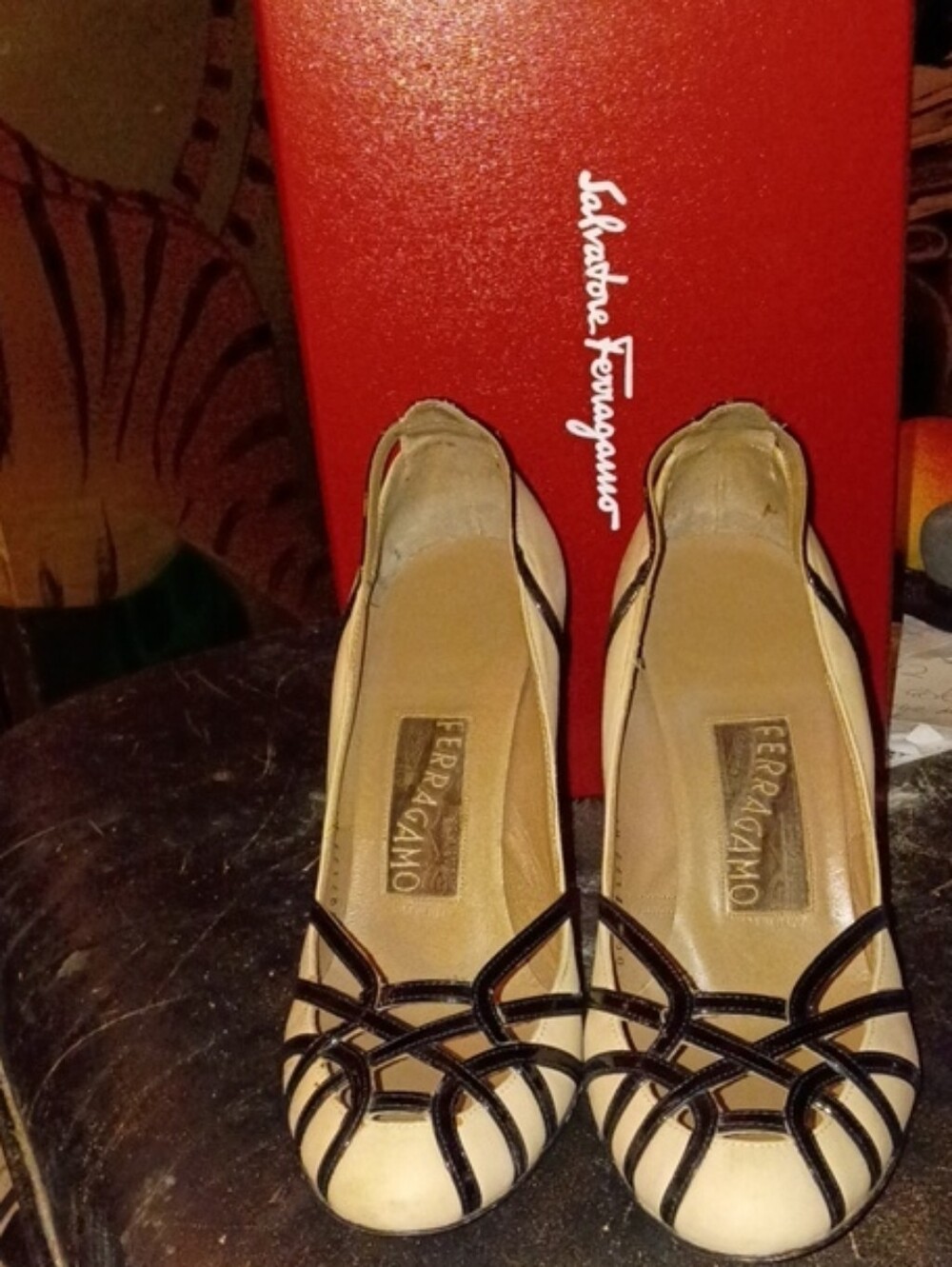 Vintage Salvatore Ferragamo Beige Pumps with Black Strappy Overlay